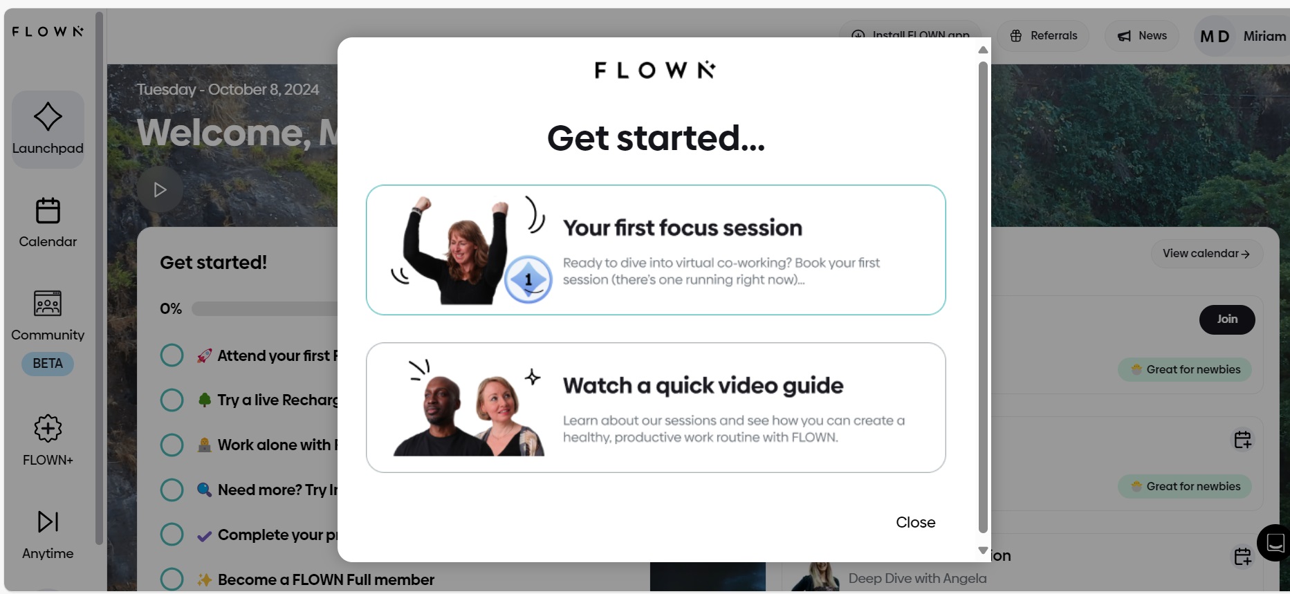 Welcome tour card in Flown app